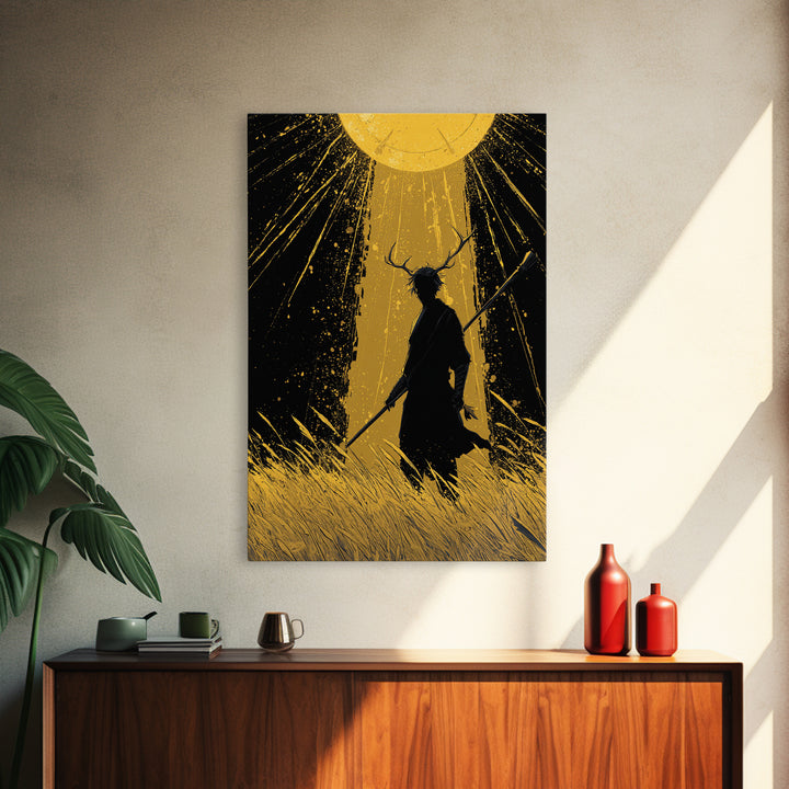 Frey Norse Deity Canvas Art Canvas Gold Art, Nordic Wall Decor in real wood frame, Viking Mythology Wall Hanging for Office or Man Cave
