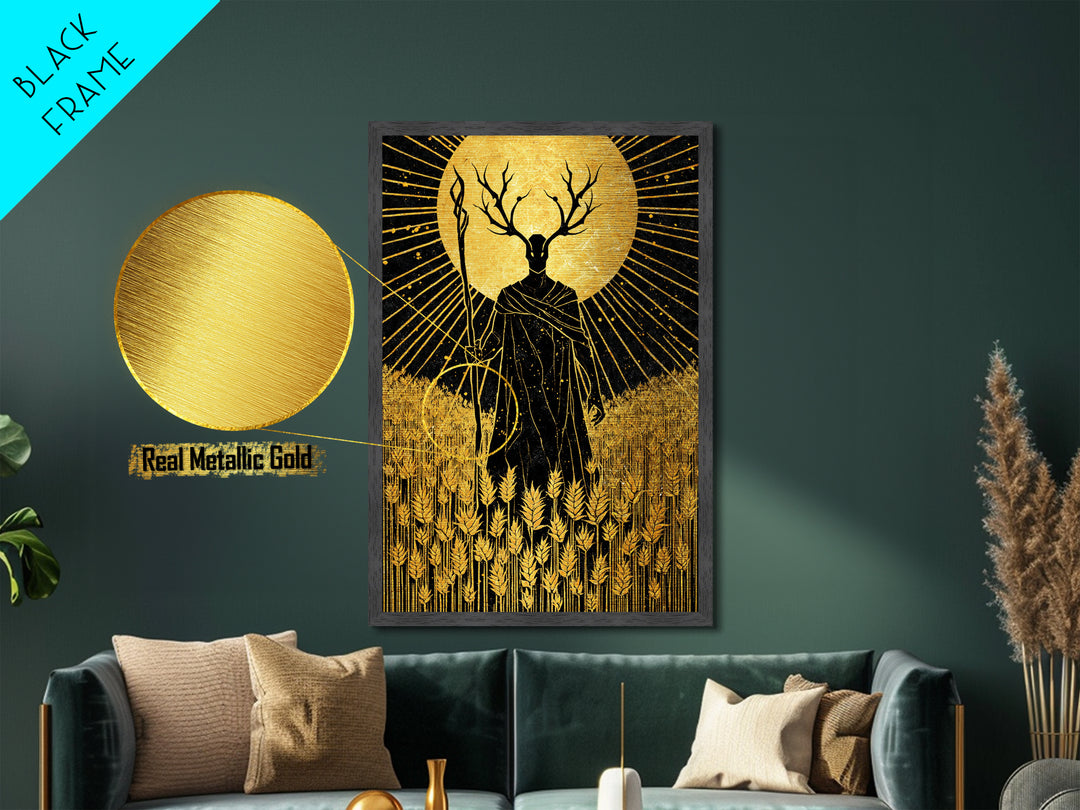 Nordic Frey God of Fertility Metallic Gold Art Metal Art, Viking Mythology Wall Decor, natural wood framed art, Office and Dad Gift