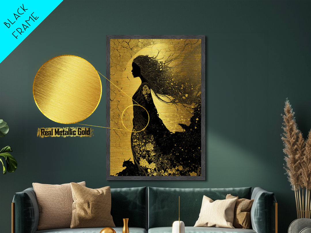 Freyja Norse Goddess Metallic Gold Art Metal Art, Viking Mythology Wall Decor, framed in real wood, Elegant Office and Man Cave Gift