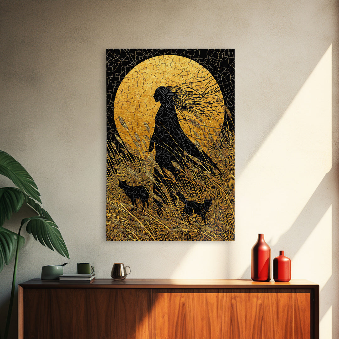 Frigg Norse Goddess Canvas Gold Art Canvas Art, Nordic Wall Decor framed in natural wood, Viking Mythology Wall Art for Office or Gift