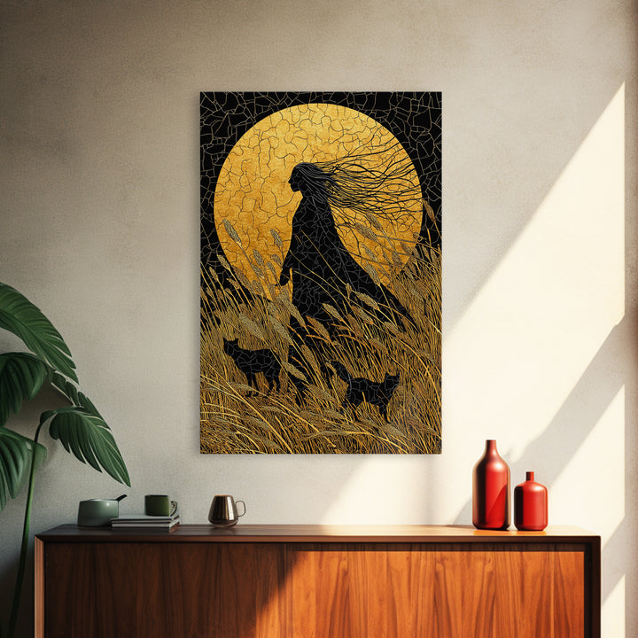 Frigg Norse Goddess Canvas Gold Art Canvas Art, Nordic Wall Decor framed in natural wood, Viking Mythology Wall Art for Office or Gift