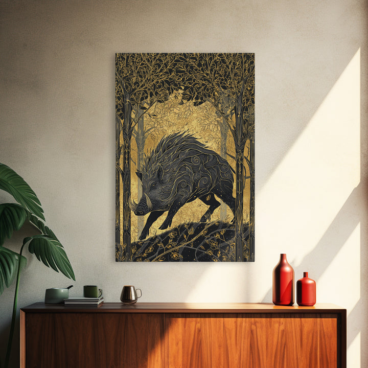 Gullinbursti Boar Norse Mythology Print Canvas Gold Art Canvas Art Nordic Wall Decor Viking Man Cave Art with real wood frame