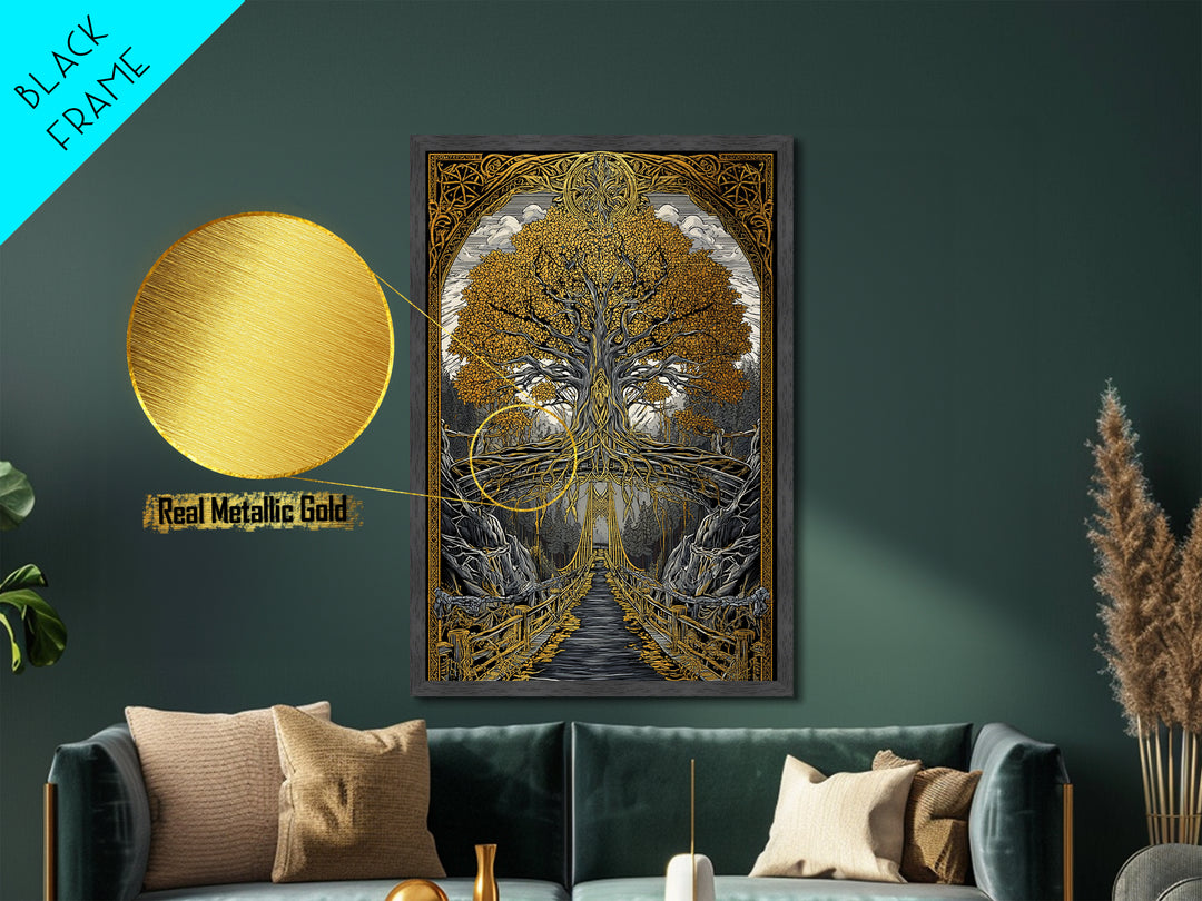 Nordic Helheim Bridge Mythology Print Metallic Gold Art Metal Art Viking Wall Decor for Men Office or Dad Gift framed in wood