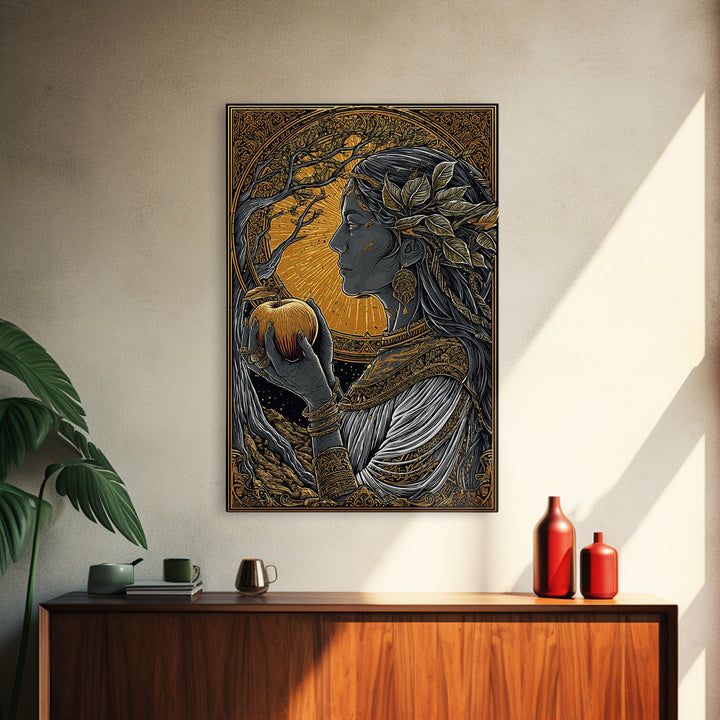 Idunn Goddess of Youth Norse Mythology Canvas Gold Art Canvas Art Nordic Wall Decor Office Art Dad Gift framed in natural wood