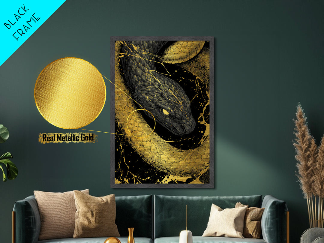 Metallic Gold Art Jrmungandr Midgard Serpent Metal Art | Norse Wall Decor | Viking Office Art with real wood frame