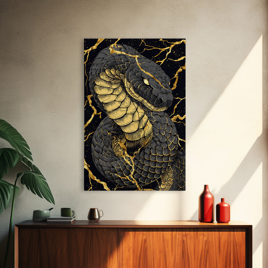 Jormungandr Midgard Serpent Canvas Gold Art Canvas Art Viking Mythology Wall Decor Nordic Office Man Cave Gift with wood frame