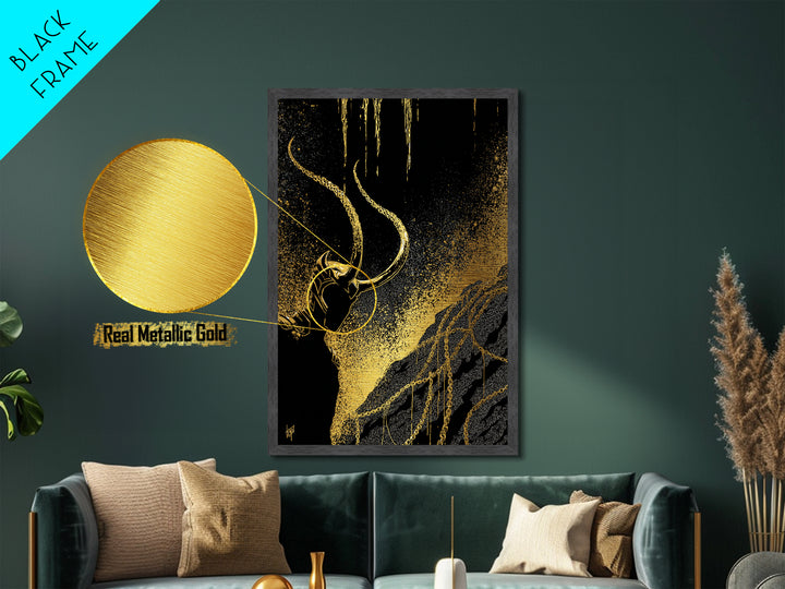 Loki Bound Metallic Gold Art Metal Art | Norse Trickster God Wall Decor | Viking Mythology Man Cave framed in wood