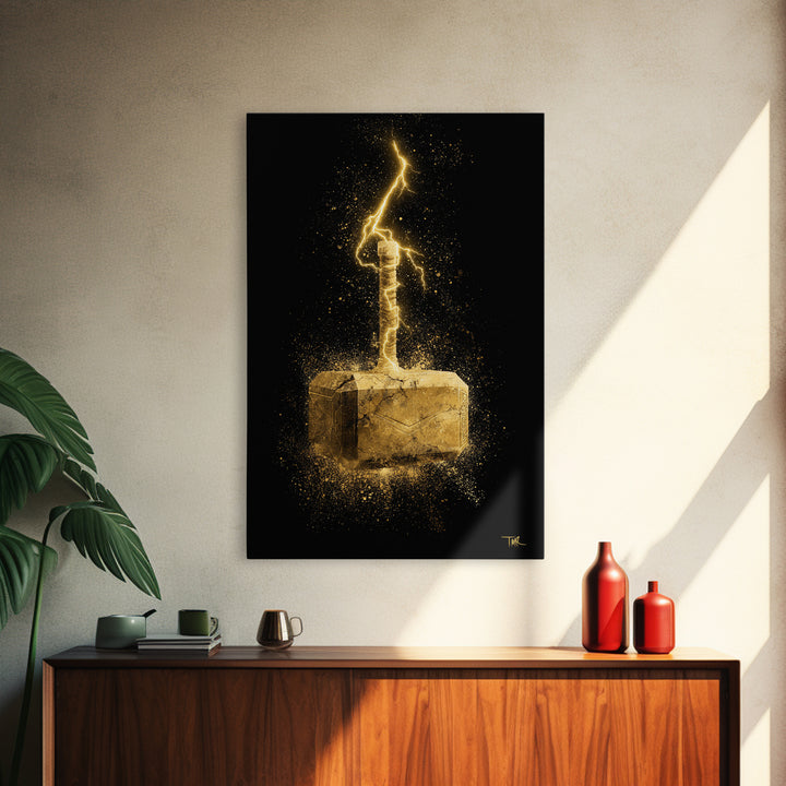 Canvas Gold Art of Thor’s Hammer Mjolnir, Norse Mythology inspired Canvas Art, Viking Man Cave wall décor with real wood framing