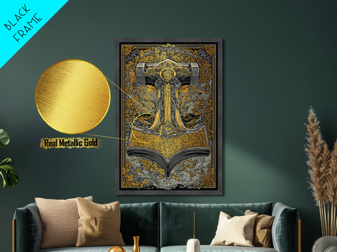 Norse Viking Wall Art of Mjolnir Hammer, Metallic Gold Art and Metal Art, mythology-inspired décor framed in real wood for dad gift