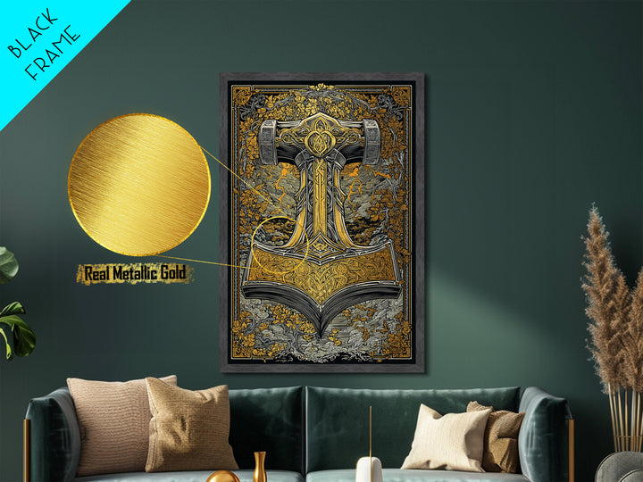 Norse Viking Wall Art of Mjolnir Hammer, Metallic Gold Art and Metal Art, mythology-inspired décor framed in real wood for dad gift