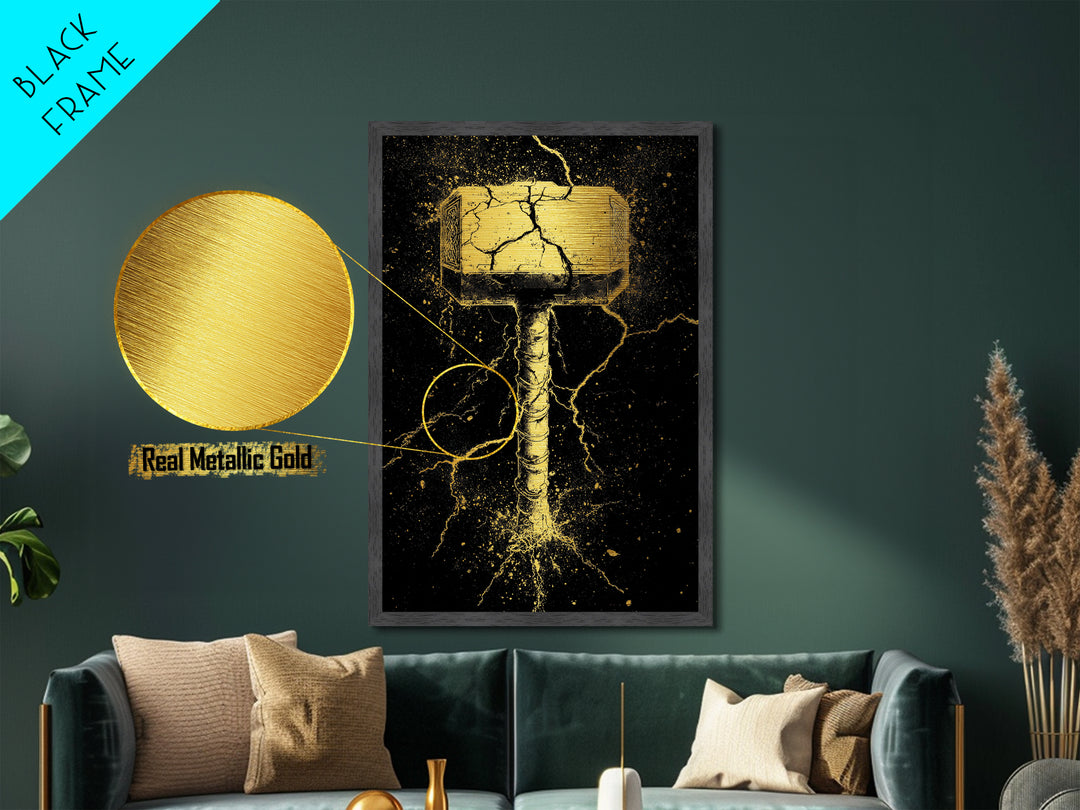 Thor’s Mjolnir Metallic Gold Art, Viking Metal Art from Norse Mythology, framed in real wood, striking office wall art and man cave gift