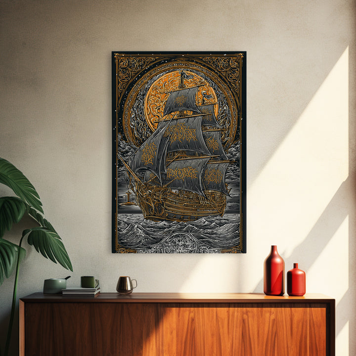 Viking Naglfar Ship Wall Art, Canvas Gold Art and Norse Canvas Art, Nordic Mythology scene framed in real wood for office or dad décor