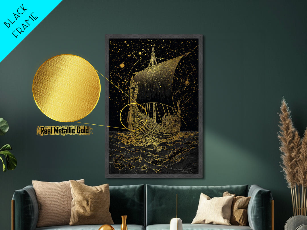 Norse Naglfar Viking Ship Artwork, Metallic Gold Art and Metal Art, Nordic Mythology wall décor framed in real wood, unique dad gift