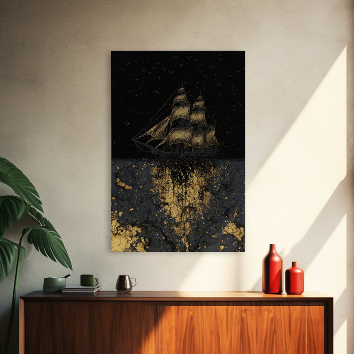 Canvas Gold Art of the Ship Naglfar, Viking Mythology Canvas Art, Norse legend inspired décor framed in natural wood for man cave wall