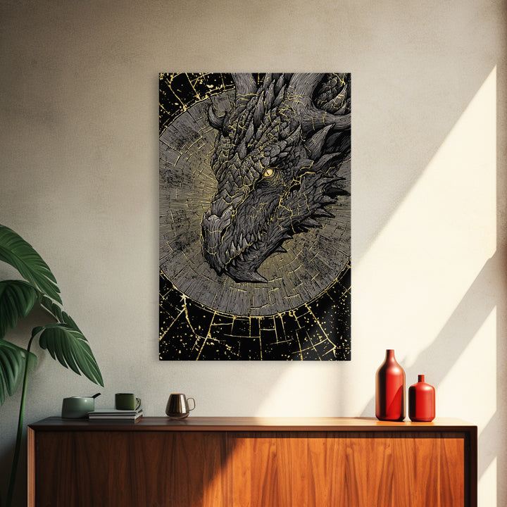 Canvas Gold Art of Nidhogg Dragon Head, Norse Mythology Canvas Art for Man Cave or Office, Viking Wall Decor framed in natural wood