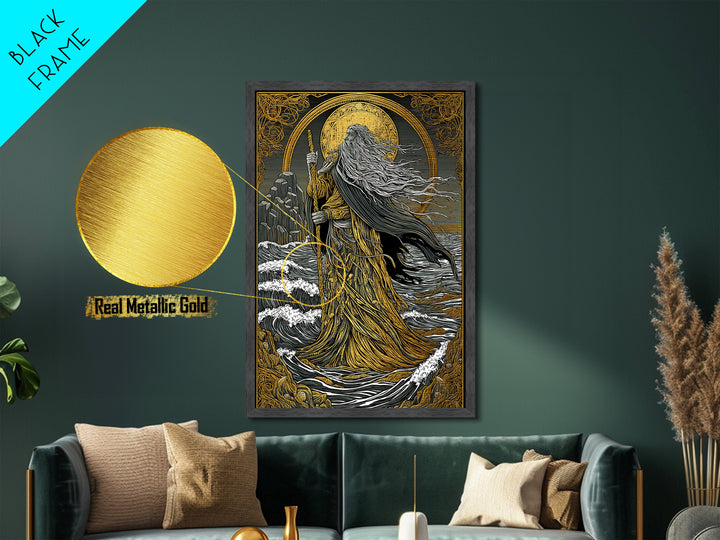 Nordic God Njord Metallic Gold Art, Ocean Deity Norse Mythology Metal Art for Office Wall or Dad Gift, framed with natural wood