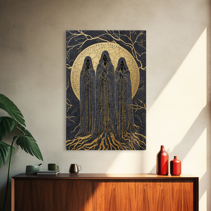 Viking Norns Canvas Gold Art, Nordic Mythology Canvas Art of Fate Goddesses and Runes, Norse Decor framed with natural wood frame