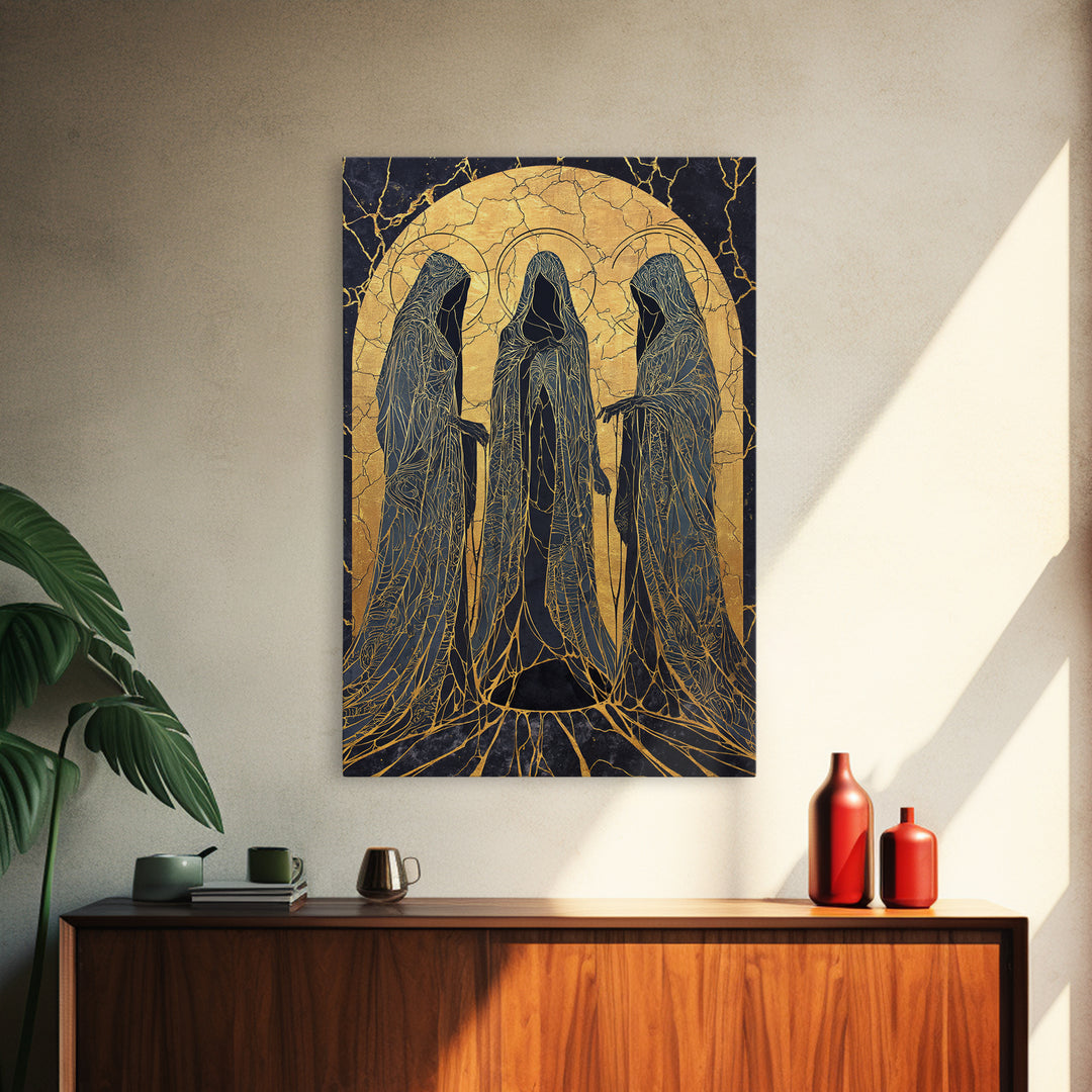 Canvas Gold Art of the Three Norns, Norse Mythology Canvas Art on Yggdrasil Roots, Viking Man Cave Decor in a natural wood frame