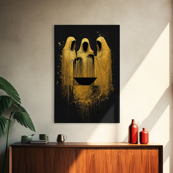 Viking Norns Canvas Gold Art, Nordic Mythology Canvas Art of Fate Goddesses around Sacred Well, Office Decor with natural wood frame