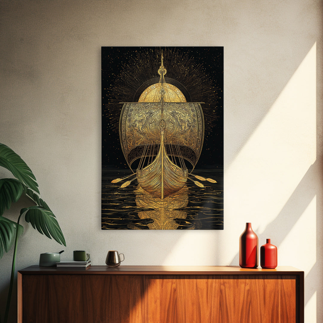Viking Ship Canvas Gold Art Canvas Art Norse Longboat Wall Decor for Man Cave or Office, framed in natural wood