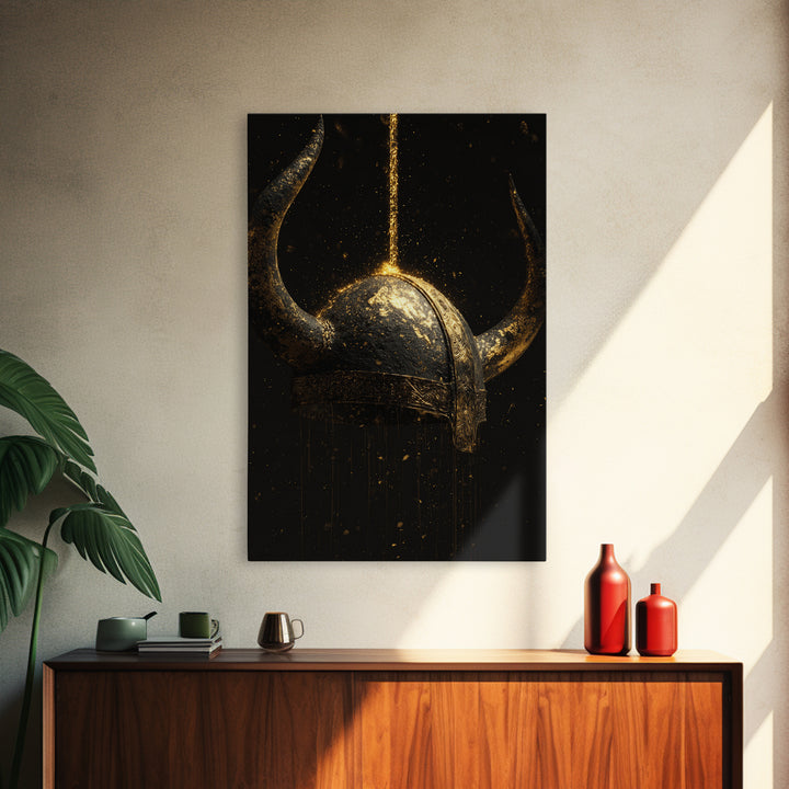 Viking Horned Helmet Canvas Gold Art Canvas Art – Nordic Mythology Man Cave Decor, Bold Office Art framed in genuine real wood