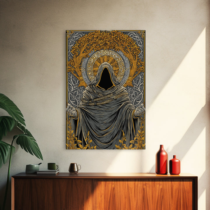 Canvas Gold Art Norse Ritual Hooded Figure Canvas Art – Viking Seer Man Cave Office Decor, Nordic Myth Gift framed with real wood