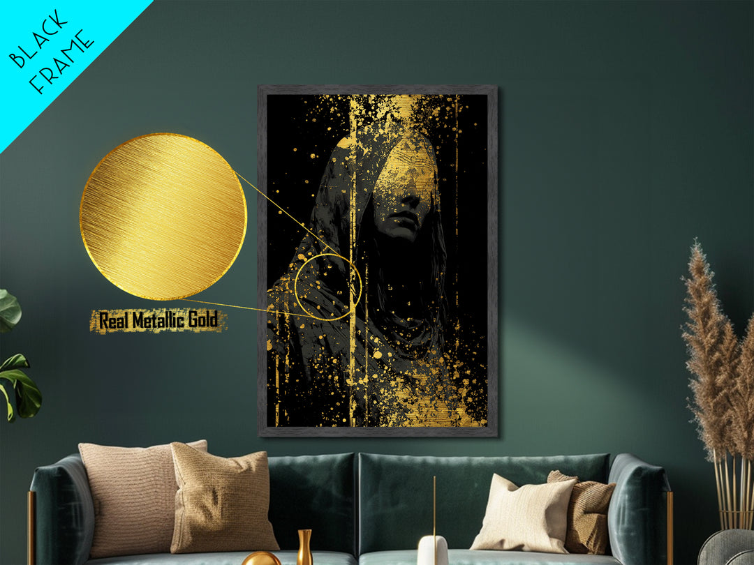 Nordic Hooded Seer Metallic Gold Art Metal Art – Norse Mythology Office Wall Art, Mystic Viking Decor in handcrafted wood frame