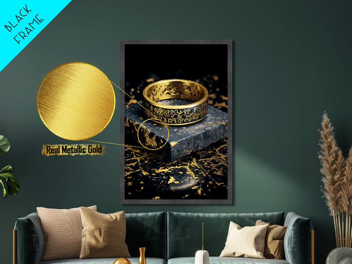 Norse Rune Ring Metallic Gold Art Metal Art – Viking Jewelry Inspired Office Wall Art, Nordic Man Cave Decor framed in wood frame