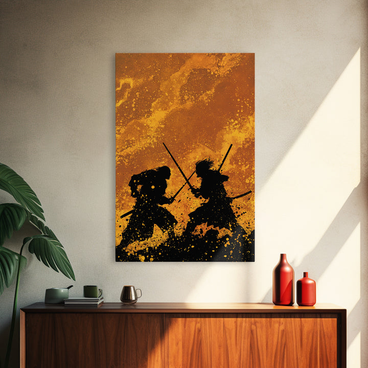 Viking Army Fight Scene Canvas Gold Art, Nordic Mythology Battle Canvas Art framed in natural wood, Bold Wall Decor for Men