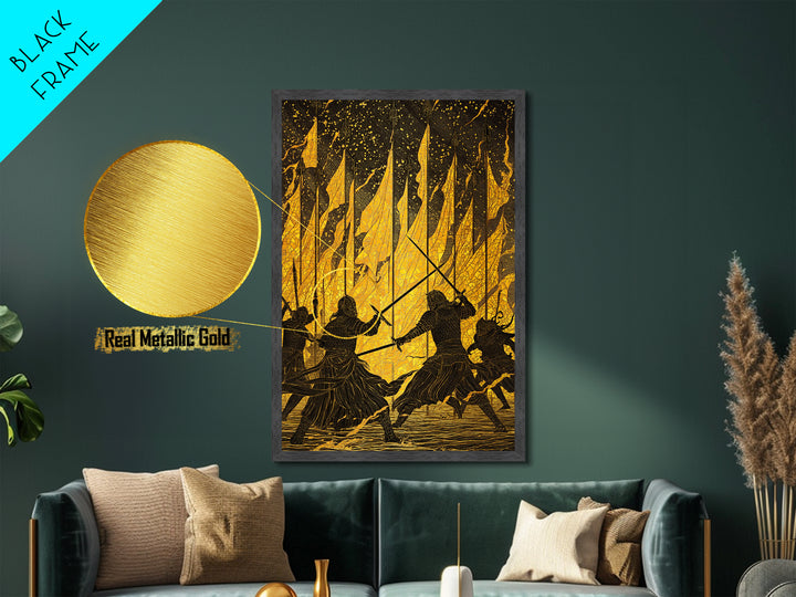 Warriors Clash in Fiery Nordic Battle Metallic Gold Art, Viking Combat Metal Art framed with real wood, Man Cave Office Wall Accent