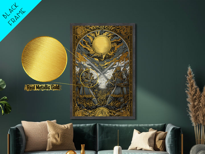 Nordic Mythology Battlefield Metallic Gold Art, Viking Warriors Metal Art with natural wood frame, Strong Office Decor or Dad Gift