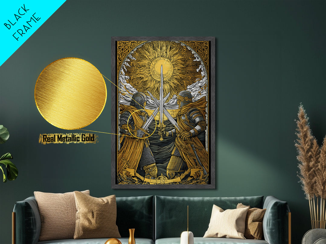 Norse Warriors in Battle Metallic Gold Art, Viking Metal Art with real wood frame, Perfect for Man Cave, Office Wall Art, or Dad Gift