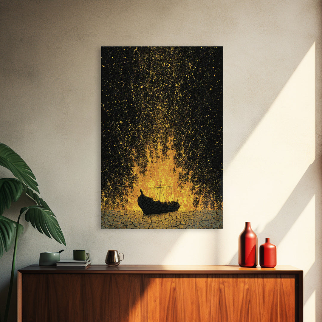 Viking Funeral Ship Canvas Gold Art Canvas Art Norse Burial Scene Wall Decor for Man Cave or Office, framed in real wood