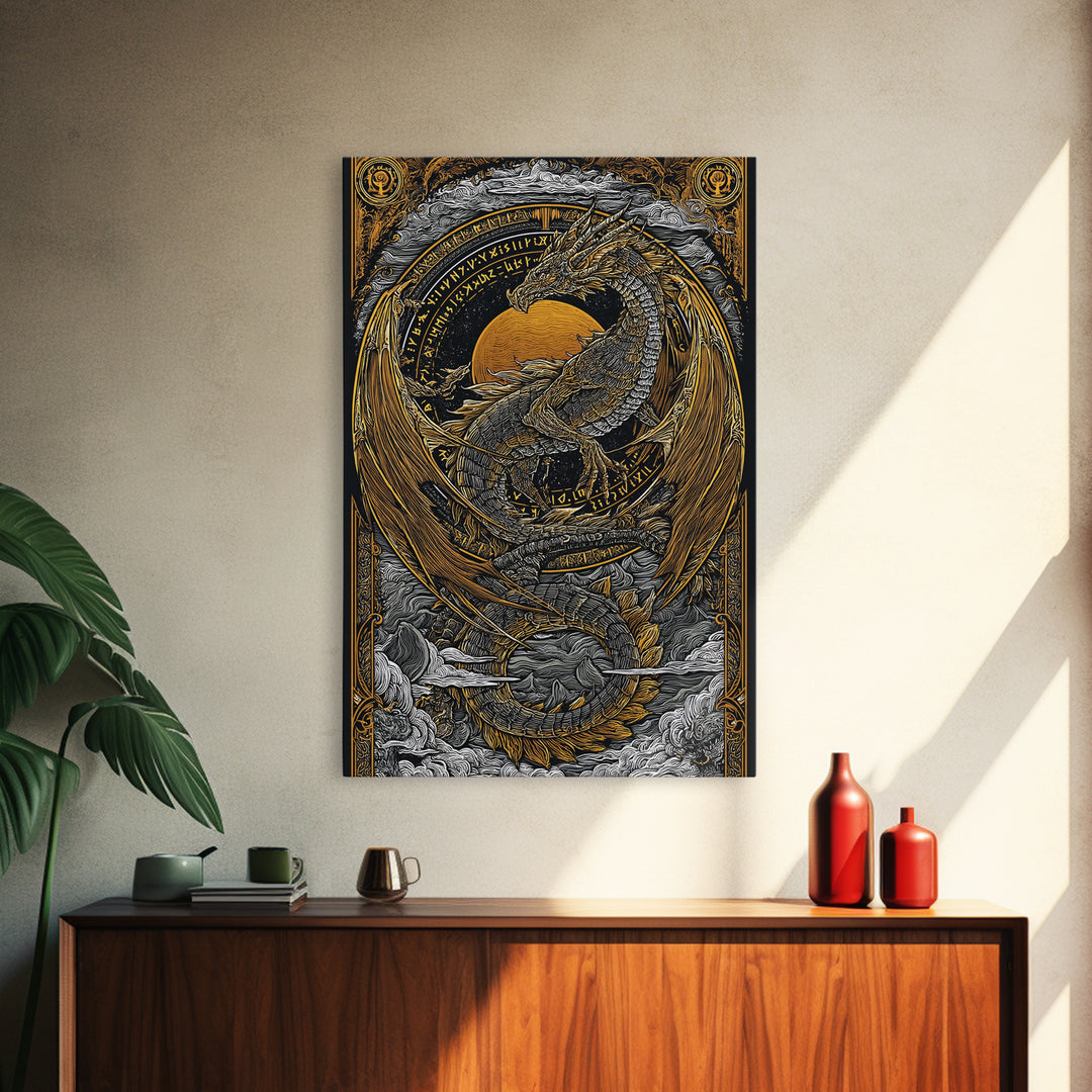 Canvas Gold Art of Jörmungandr Norse Dragon, Viking Myth Canvas Art framed in real wood, Nordic decor perfect for office or study
