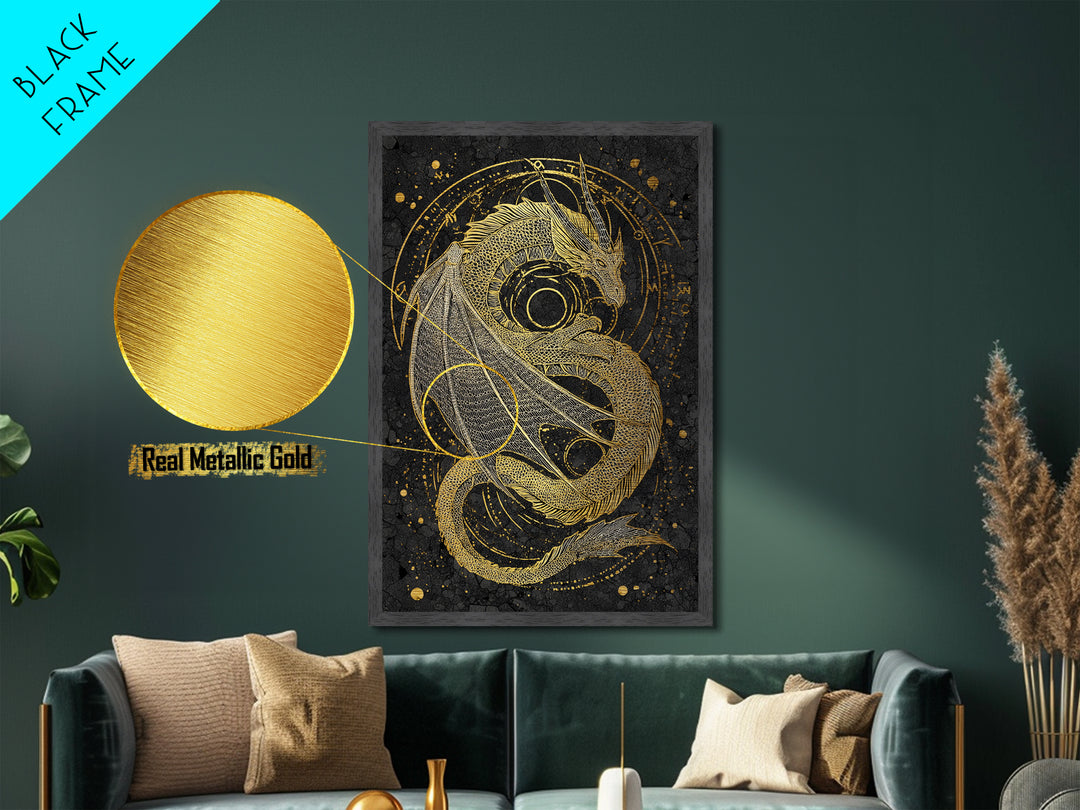 Nordic Dragon Metallic Gold Art, Viking Mythology Metal Art for Man Cave or Office, framed in natural real wood for dad gift