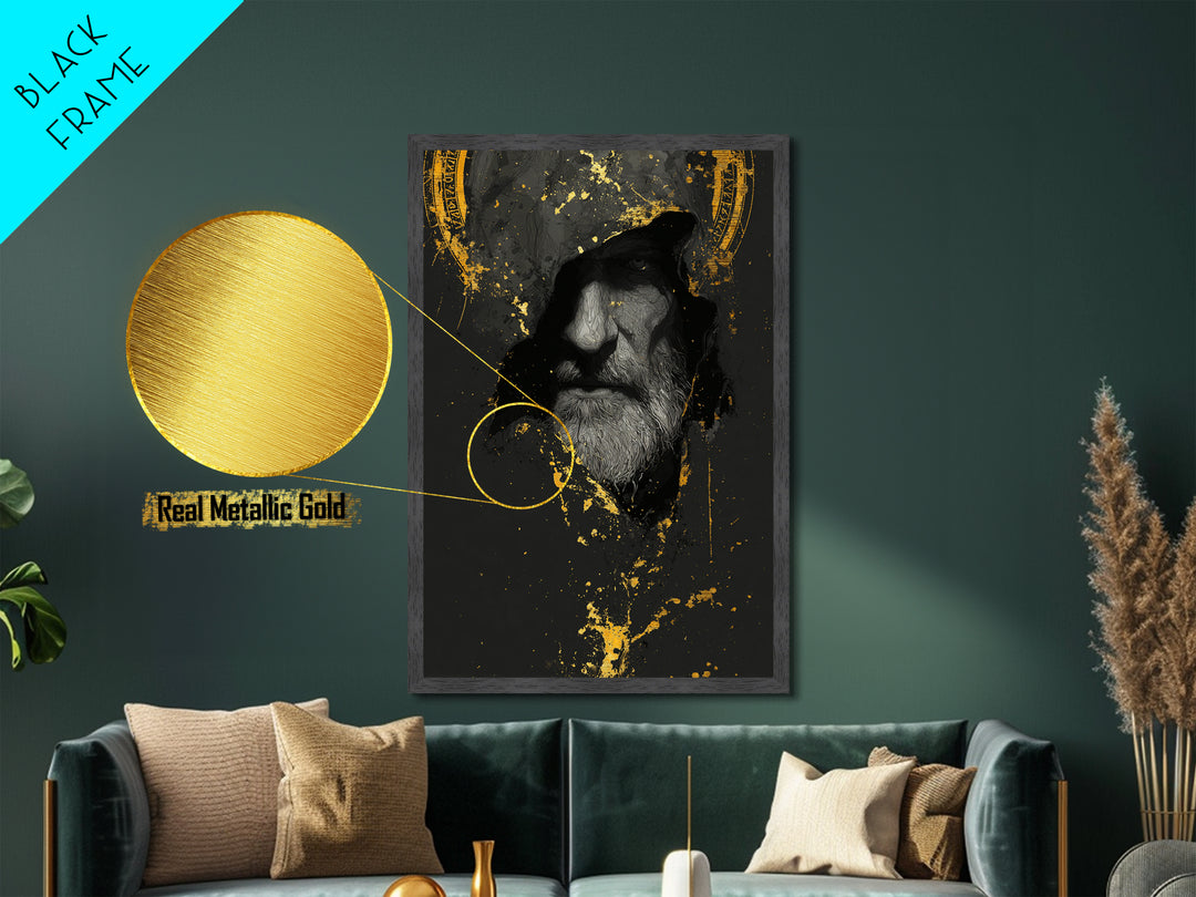 Odin Metallic Gold Art Norse God Portrait, Viking Mythology Metal Art with real wood frame, masculine Nordic wall art for man cave
