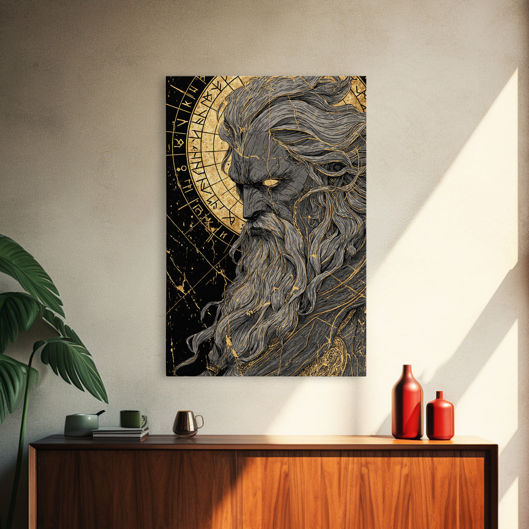 Canvas Gold Art Norse Allfather Odin, Viking Mythology Canvas Art framed in real wood, Nordic wall decor perfect as office or dad gift