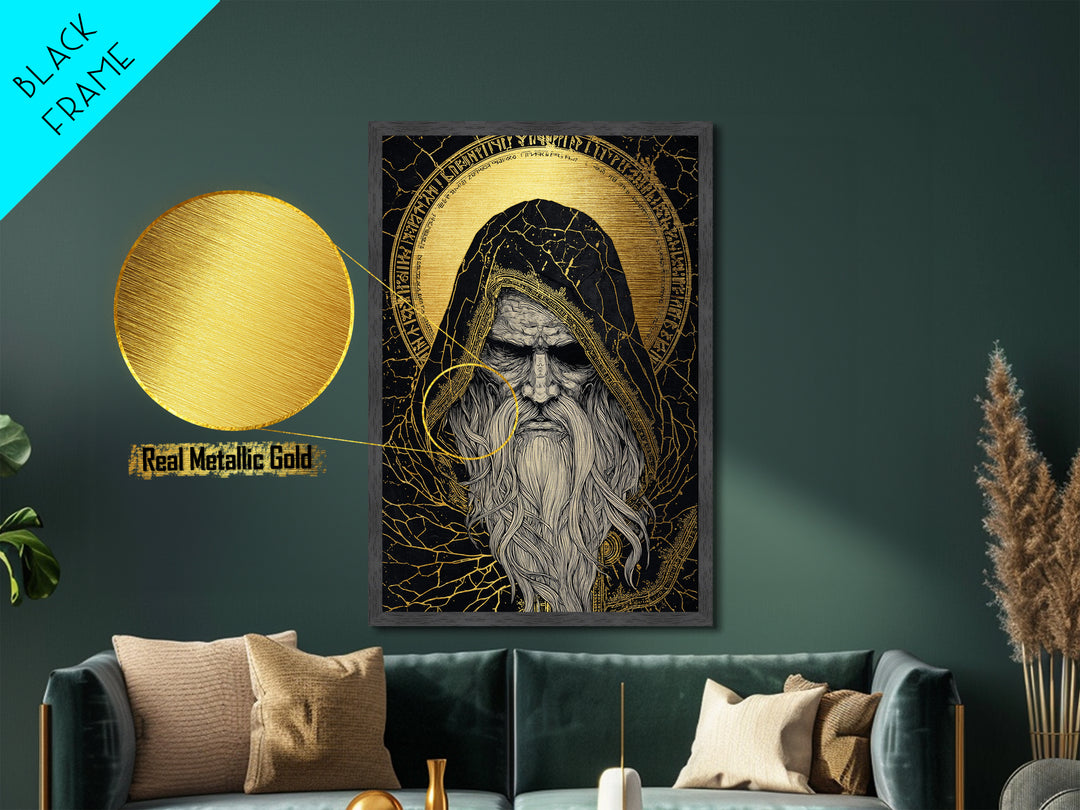 Norse God Odin Metallic Gold Art, Viking Mythology Metal Art in natural wood frame, powerful Nordic wall art for office or man cave
