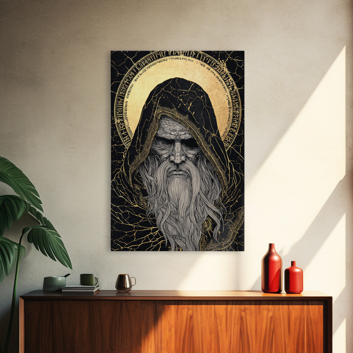 Norse God Odin Canvas Gold Art, Viking Mythology Canvas Art in natural wood frame, powerful Nordic wall art for office or man cave