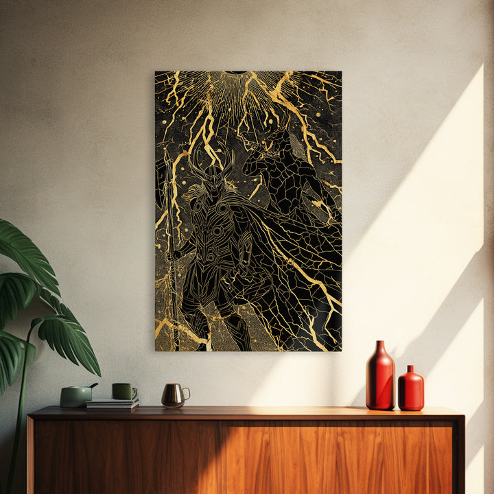 Ragnarok Norse Mythology Wall Decor, Canvas Gold Art and Canvas Art with Thor and Loki, Viking Battle Design framed in real wood