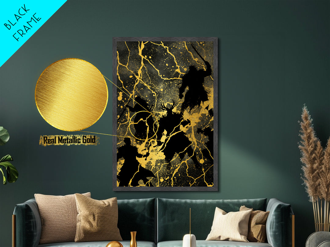 Epic Ragnarok Battle Scene Nordic Wall Art, Metallic Gold Art and Metal Art, Norse Gods Lightning Design with natural wood frame