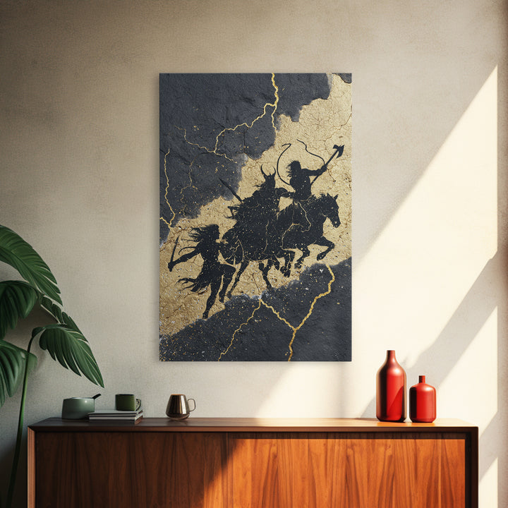 Valkyrie Ride Canvas Gold Art, Norse Mythology Warrior Women Canvas Art framed in natural wood, Viking man cave or office wall decor