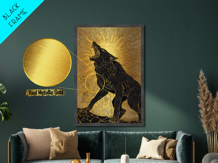 Nordic Fenrir Wolf Metal Art, Metallic Gold Art with Norse Mythology Sun Chaser Wolf, Man Cave Decor framed in authentic wood