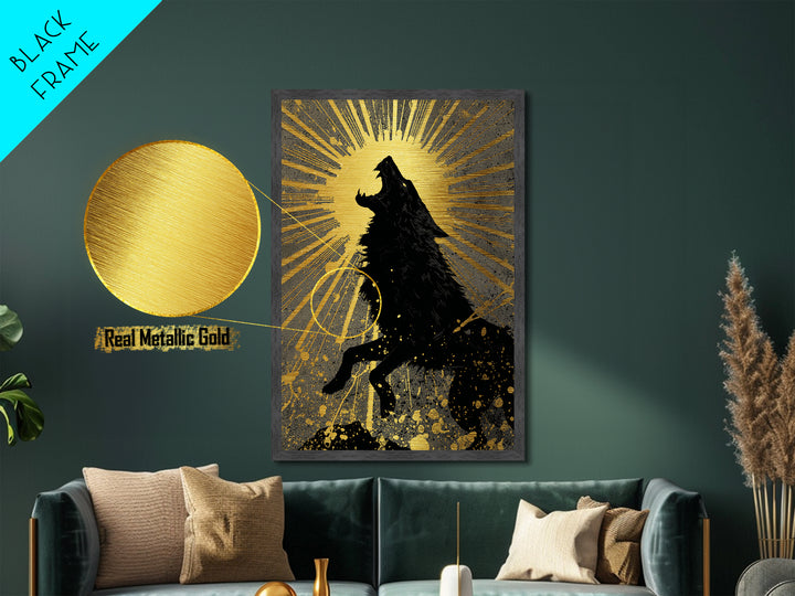 Fenrir Howling Wolf Metallic Gold Art, Norse Mythology Metal Art with Viking Wolf Symbolism, Office Wall Decor in real wood frame