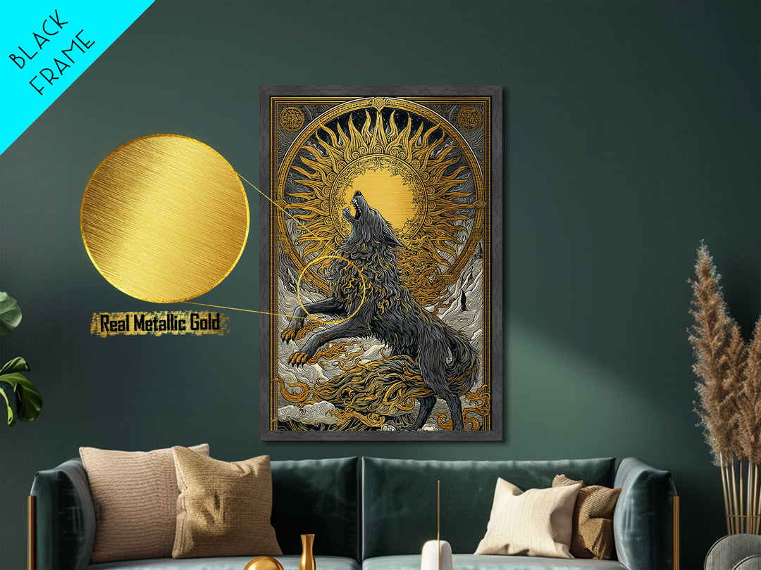 Fenrir Wolf Ragnarok Metal Art, Metallic Gold Art with Norse Mythology Theme, Viking Wolf Office Wall Decor framed in real wood