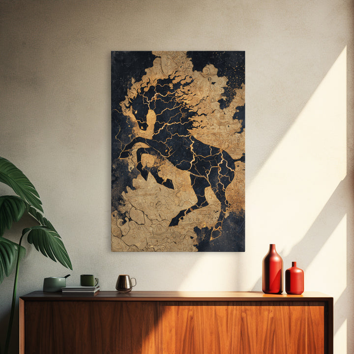 Nordic Sleipnir Horse Canvas Art, Canvas Gold Art featuring Odin’s Eight-Legged Horse, Norse Myth Wall Decor framed in natural wood