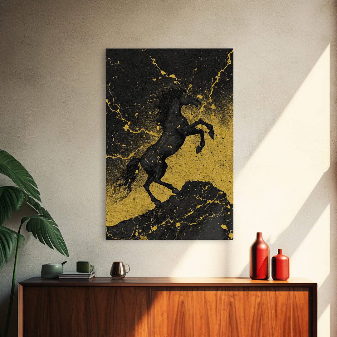 Viking Sleipnir Horse Norse Mythology Design, Canvas Gold Art and Canvas Art, Nordic Horse Symbolism Wall Decor in real wood frame