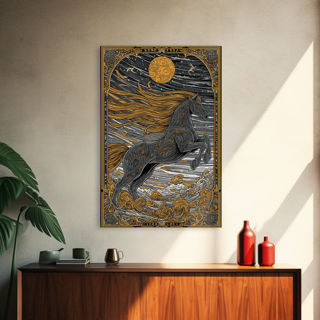 Sleipnir Norse Myth Horse Wall Decor, Canvas Gold Art and Canvas Art, Viking Equestrian Nordic Office Art framed in natural wood