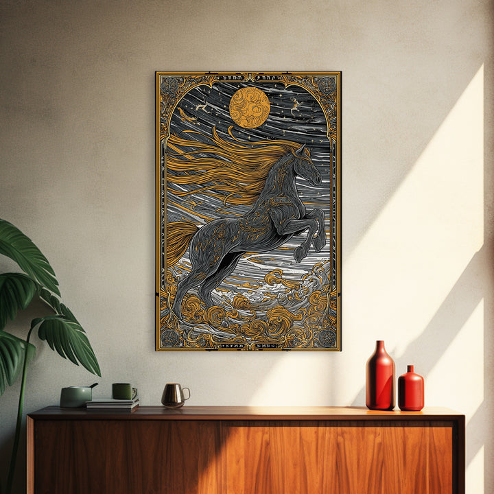 Sleipnir Norse Myth Horse Wall Decor, Canvas Gold Art and Canvas Art, Viking Equestrian Nordic Office Art framed in natural wood
