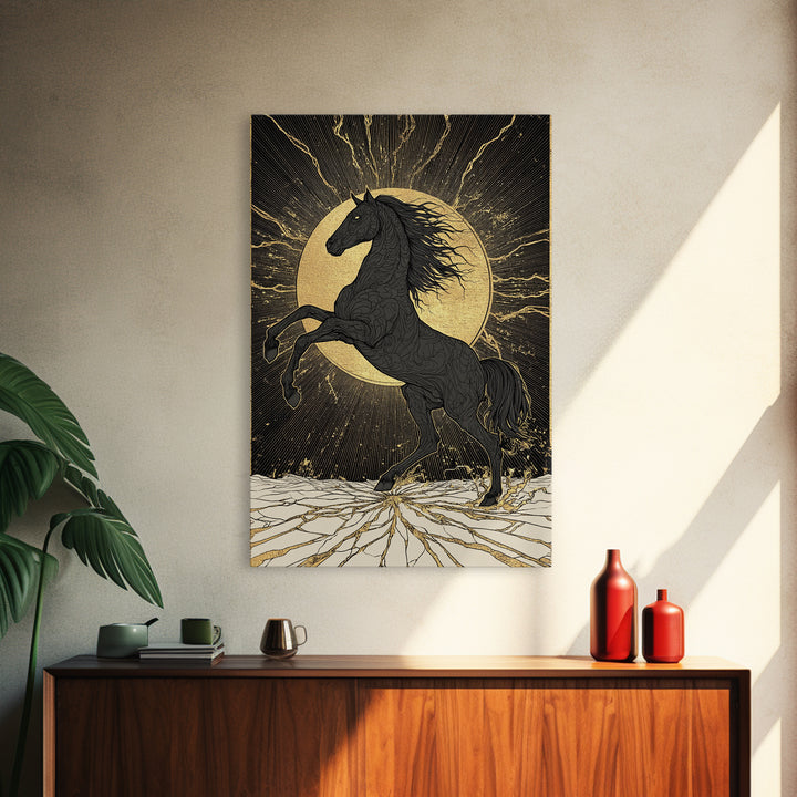 Sleipnir Norse Horse Canvas Gold Art Nordic Mythology Canvas Art for Office or Man Cave, framed in natural real wood